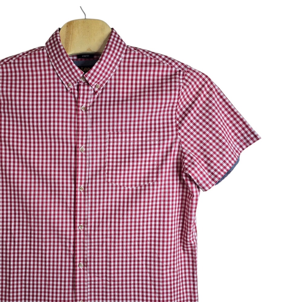 Lee Mens Regular Fit Stretch Gingham Short Sleeve Button Down Shirt Red XL